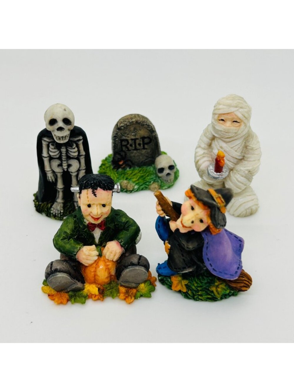 Vintage Enesco Miniature Halloween Figurine Witch Frankenstein Skeleton Mummy - Picture 1 of 16